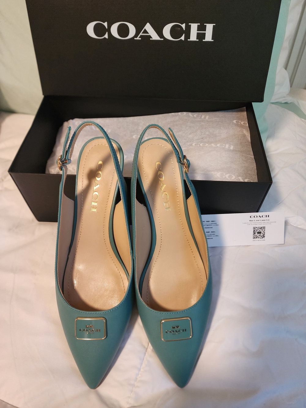 Coach Blue Green Pointed Toe Slingback Heels - Picture 2 of 13